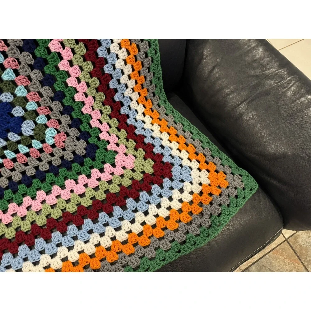Handmade 70s Style Granny Square Crocheted Afghan Multicolored Boho 45x45 in